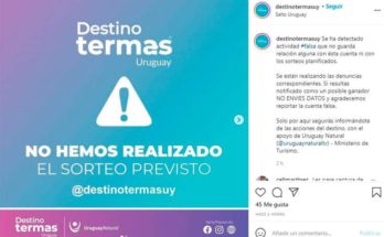 Advertencia sobre actividad falsa en una cuenta de Instagram referida al Destino Termas