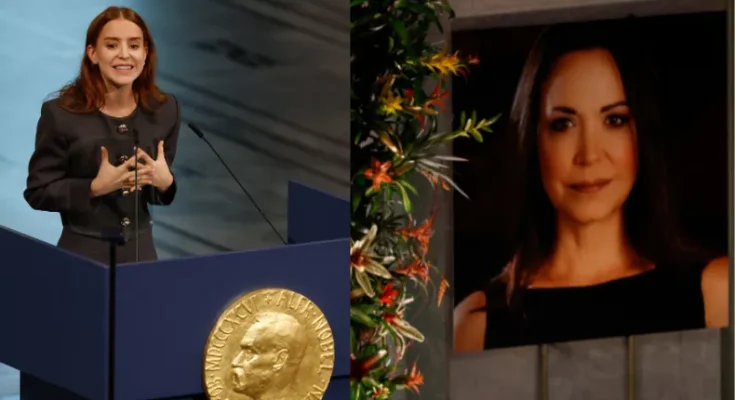 La hija de María Corina Machado recibe el Nobel de la Paz en nombre de su madre mientras la líder opositora dice que llegará a Oslo