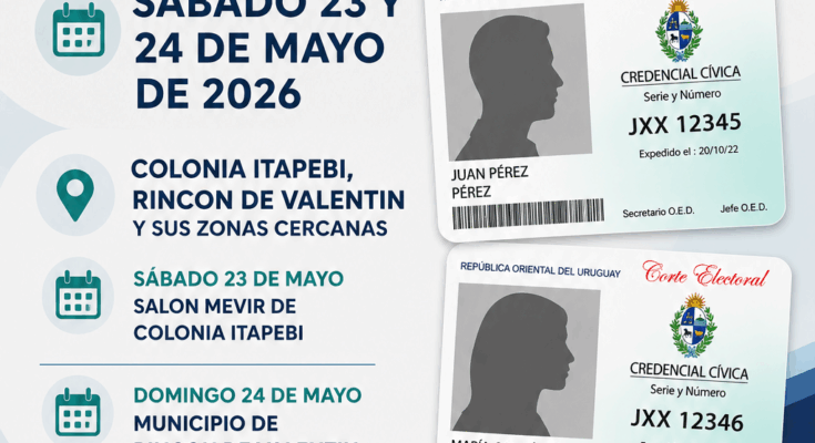Oficina Electoral realizará jornadas de inscripción y renovación de credenciales en Colonia Itapebí y Rincón de Valentín